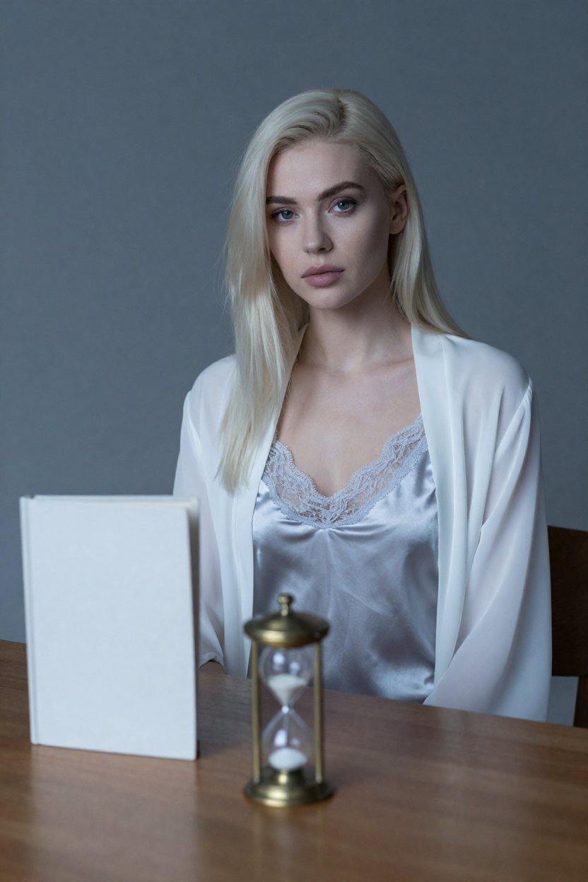 Fictional 29-year-old woman, platinum-blonde hair in long straight layers over one shoulder, fair cool skin, groomed
